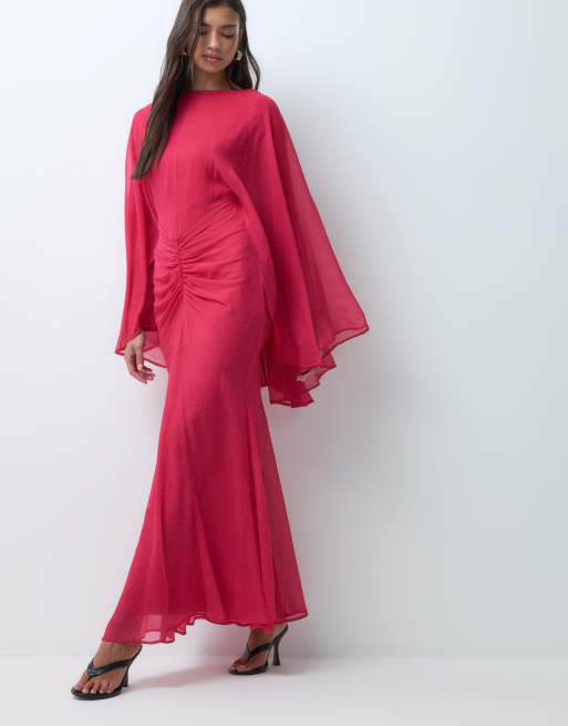ASOS DESIGN lång maxiklänning med angel sleeves och rynkad midja i rött, 5 av 5