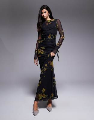 ASOS DESIGN - Lang mit Blumenmuster, Riemchendetail und Blumendetail-Bunt