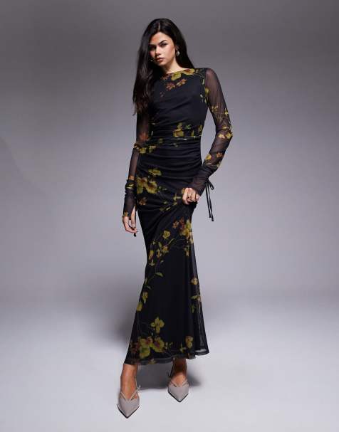 ASOS DESIGN – Lang mit Blumenmuster, Riemchendetail und Blumendetail - view 1