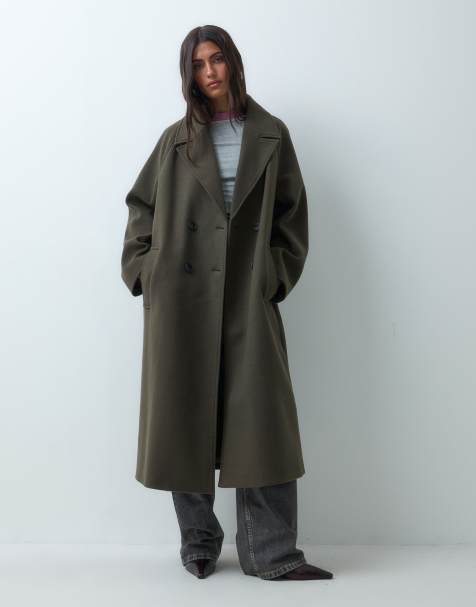 ASOS DESIGN lång modell dubbelknäppt kappa i khaki - view 1