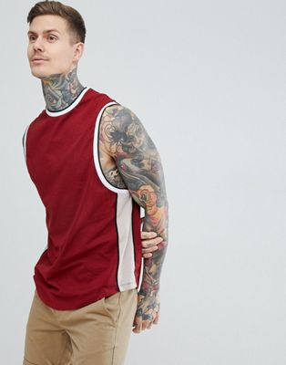 ASOS DESIGN - Lang mouwloos T-shirt met ronde zoom en contrasterende zijstreep in rood