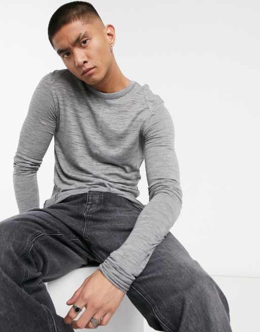 ASOS DESIGN - Lang muscle fit T-shirt met superlange mouwen van grijze stof met textuur