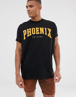 ASOS DESIGN - Lang oversized T-shirt van organisch katoen met stadsnaamprint 'Phoenix' en omgeslagen mouwen-Zwart