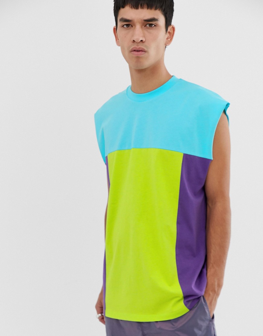 ASOS DESIGN - Lang, oversized T-shirt zonder mouwen in retro kleurvlakken-Multi
