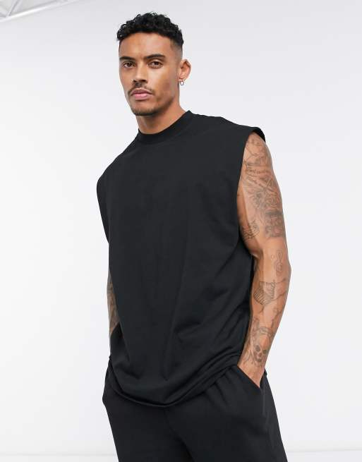 ASOS DESIGN Lang oversized T shirt zonder mouwen in zwart