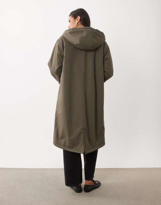 ASOS DESIGN lang raincoat med borg-for i khaki, 4 af 4