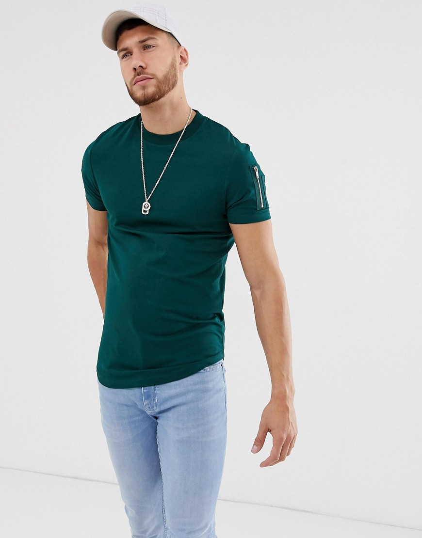 ASOS DESIGN - Lang skinny T-shirt met ronde zoom en MA1-zak in groen
