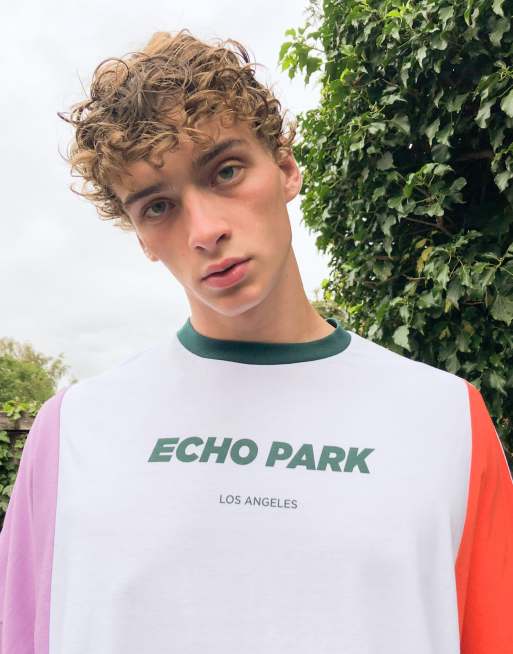 ASOS DESIGN – Lång t-shirt i extrem oversize-modell med färgblock och texttryck
