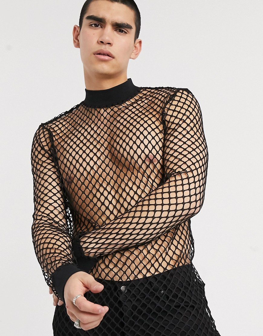 ASOS DESIGN - Lang T-shirt met lange mouwen en mesh in zwart