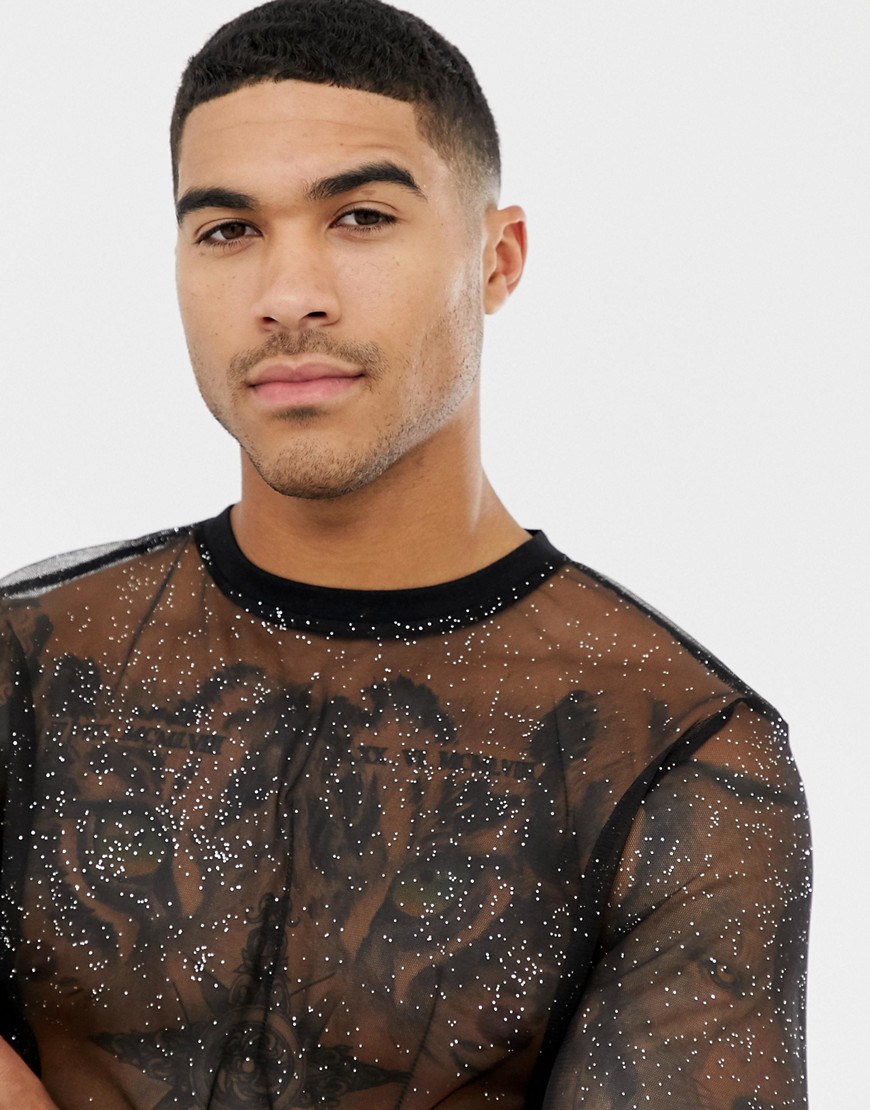 ASOS DESIGN - Lang T-shirt met lange mouwen van mesh met glitter-Zwart