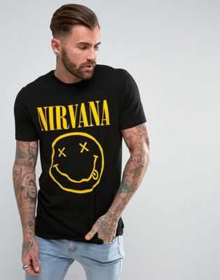 ASOS DESIGN - Lang T-shirt met print van smiley en de band Nirvana-Zwart