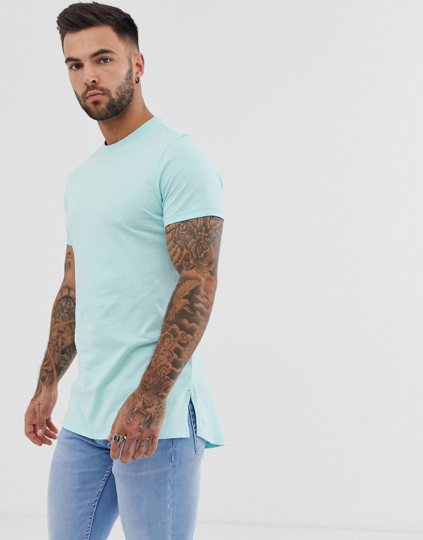 ASOS DESIGN - Lang T-shirt met ronde hals en zijsplitten in blauw