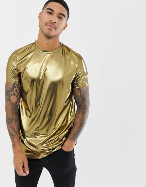 Bemiddelaar Europa Tutor ASOS DESIGN - Lang T-shirt van metallic stof in goud | ASOS