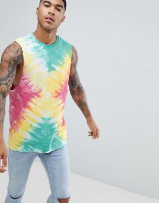 ASOS DESIGN - Lang T-shirt zonder mouwen met heldere tie-dye-Multi