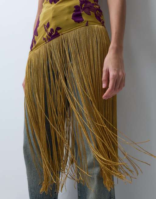 ASOS DESIGN lang top med floket overflade og frynser i okker, 4 af 4
