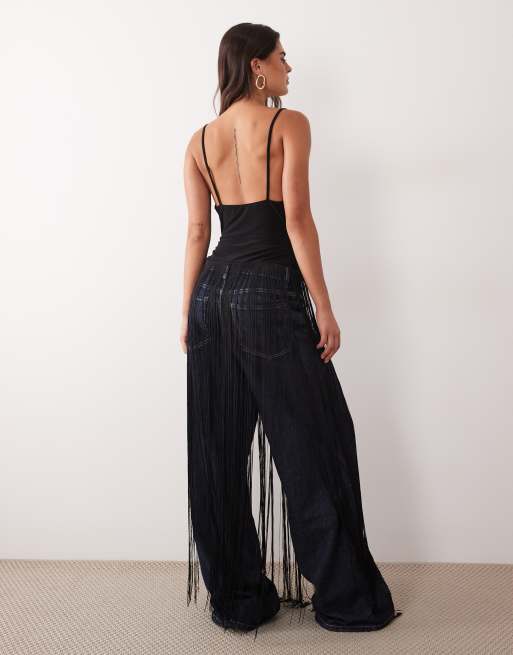 ASOS DESIGN lang top met franjes in zwart, 4 van 4