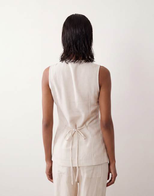 ASOS DESIGN lång väst i linneblandning med knäppning framtill i stone, 4 av 4