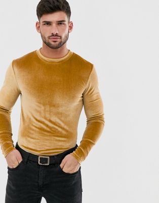 ASOS DESIGN - Lang velours T-shirt met lange mouwen en ronde zoom in bruin