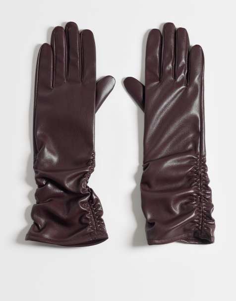 ASOS DESIGN långa handskar i läderimitation med rynkdetalj i vinrött - view 1