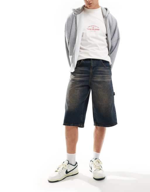 ASOS DESIGN – Långa jeansshorts med snickardetaljer och blek tvätt, 3 av 5