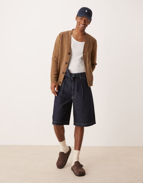 ASOS DESIGN – Långa jeansshorts med veck och knytning i otvättad denim - view 1