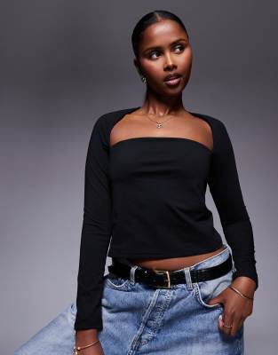 ASOS DESIGN - Langarm-Oberteil in Schwarz mit Bolero-Detail und abgerundeter Brustpartie