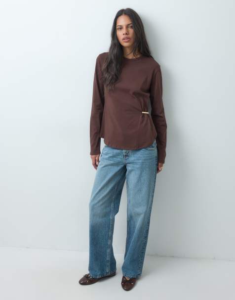 ASOS DESIGN Langarm-T-Shirt mit geraffter Taille und Besatzdetail in Braun - view 1