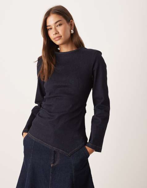 ASOS DESIGN – Langarm-Top aus Denim in Rinse-Waschung mit betonter Taille und Schulterpolstern - view 1