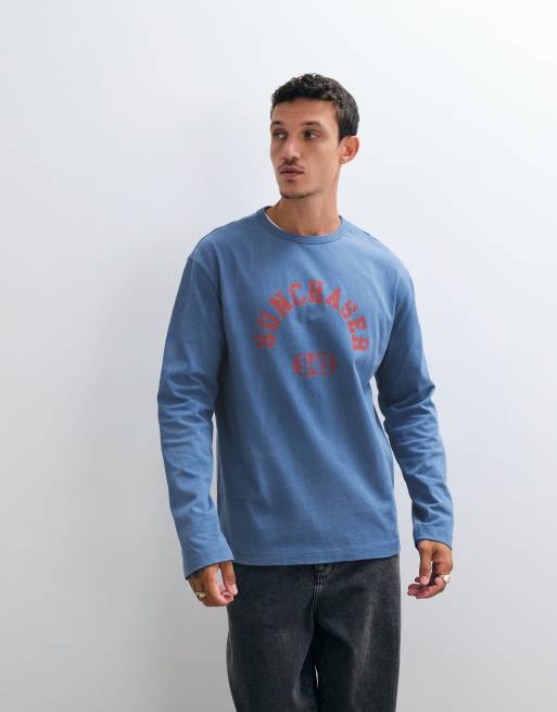 ASOS DESIGN långärmad avslappnad t-shirt med sun chaser-tryck i marinblå tvätt, 5 av 5