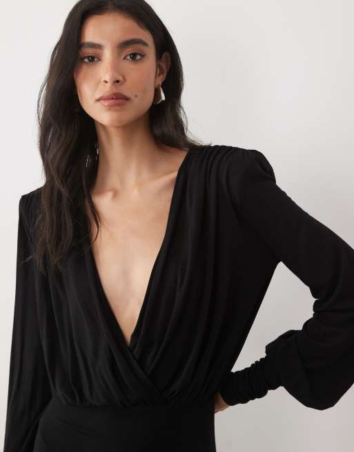 ASOS DESIGN långärmad blouson-miniklänning med axelvaddar i svart, 3 av 4