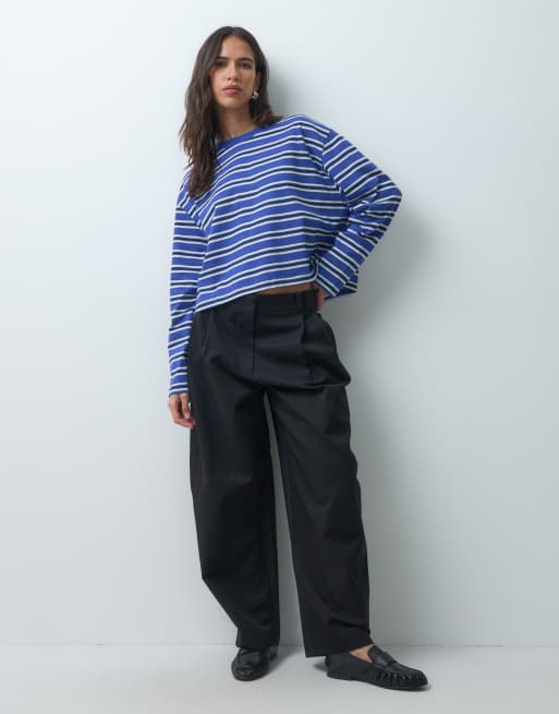 ASOS DESIGN långärmad boxig croppad t-shirt i blå och krämfärgad randig, 3 av 4