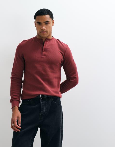 ASOS DESIGN långärmad henley-t-shirt i vinröd våffelstruktur - view 1