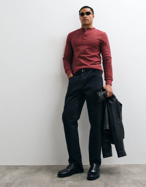 ASOS DESIGN långärmad henley-t-shirt i vinröd våffelstruktur, 3 av 5