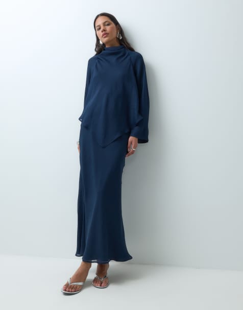 ASOS DESIGN långärmad maxiklänning i dubbelt lager i midnattsmarin - view 1