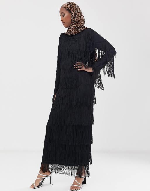 ASOS DESIGN – Långärmad maxiklänning med fransar