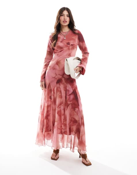 ASOS DESIGN – Långärmad maxiklänning med klockad kjol och suddigt mönster - view 1