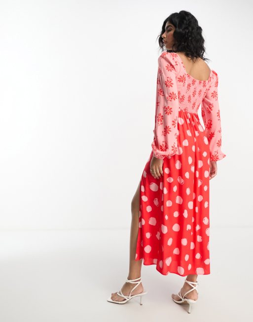 ASOS DESIGN – Långärmad midiklänning i viskos med blandade mönster och hjärtformad ringning, 4 av 4