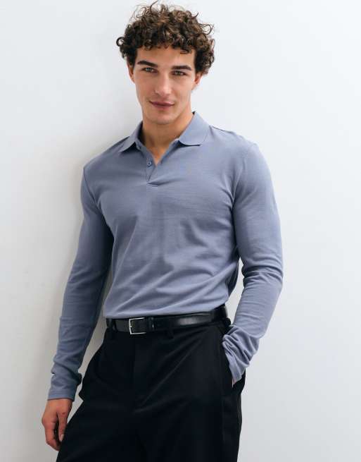 ASOS DESIGN långärmad pikétröja i blå piqué, 2 av 10