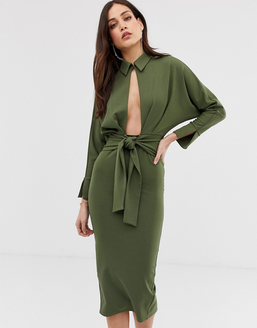 ASOS DESIGN – Långärmad skjortklänning i midilängd med omlott-Grön