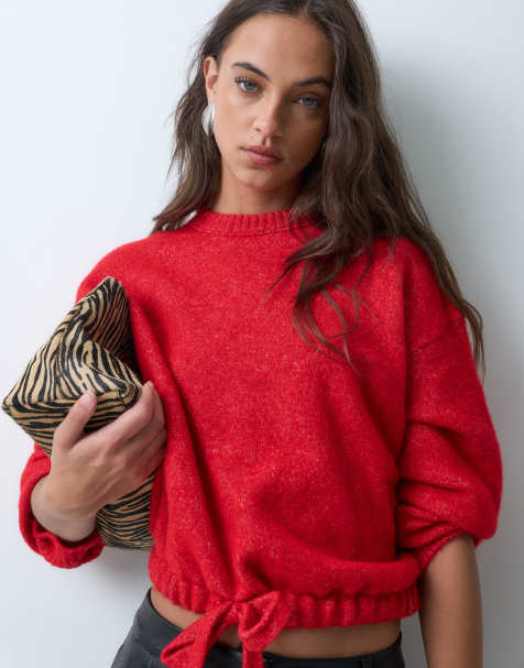 ASOS DESIGN långärmad stickad tröja med knytning i midjan i rött - view 1
