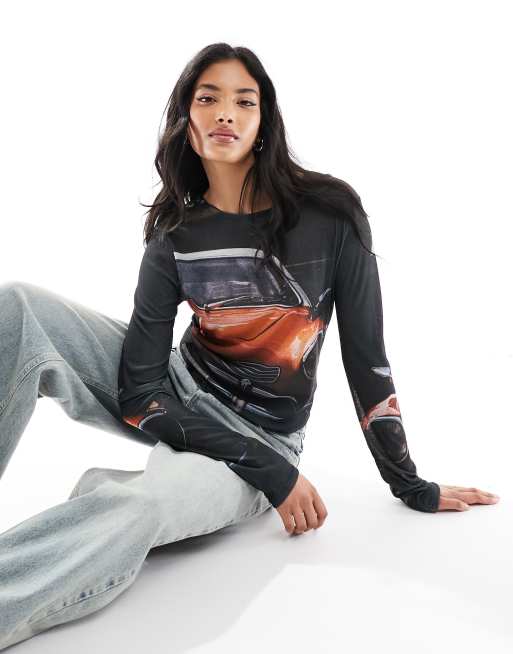 ASOS DESIGN – Långärmad t-shirt i mesh med biltryck i 70-talsstil