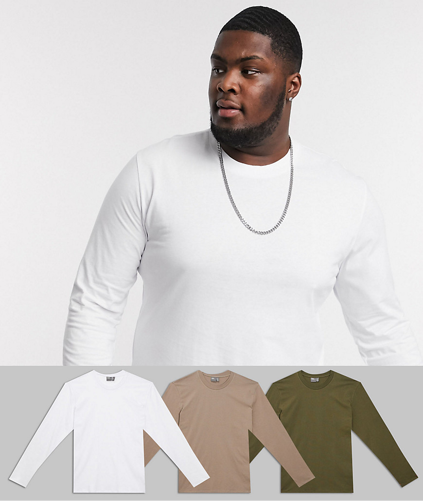 ASOS DESIGN - Långärmad t-shirt i plusstorlek i 3-pack Spara-Flerfärgad