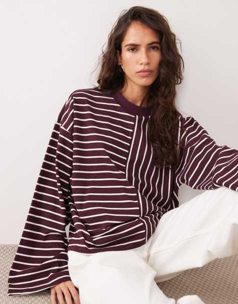 ASOS DESIGN långärmad t-shirt med dubbla ränder i burgundy - view 1