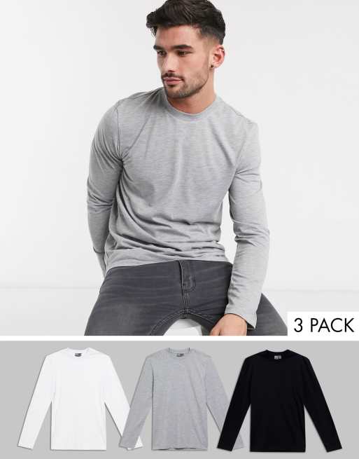 ASOS DESIGN – Långärmad t-shirt med rund halsringning i 3-pack