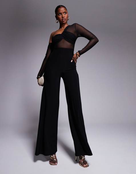 ASOS DESIGN – Langärmeliger Jumpsuit aus Netzstoffmix in Schwarz mit abfallender Schulterpartie - view 1