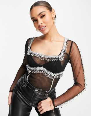 ASOS DESIGN - Langärmeliger Netzstoff-Body in Schwarz mit Verzierungen