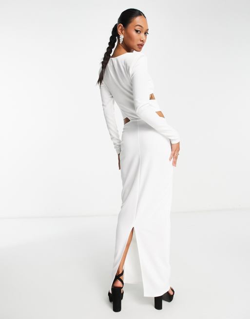 ASOS DESIGN – Langärmeliges Maxikleid in Weiß mit verstärkter Schulterpartie und Zierausschnitt, 2 von 4
