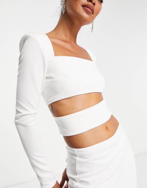 ASOS DESIGN – Langärmeliges Maxikleid in Weiß mit verstärkter Schulterpartie und Zierausschnitt, 4 von 4