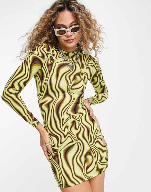 ASOS DESIGN – Langärmeliges Minikleid mit seitlicher Gitterschnürung und Wirbelmuster in Gelb