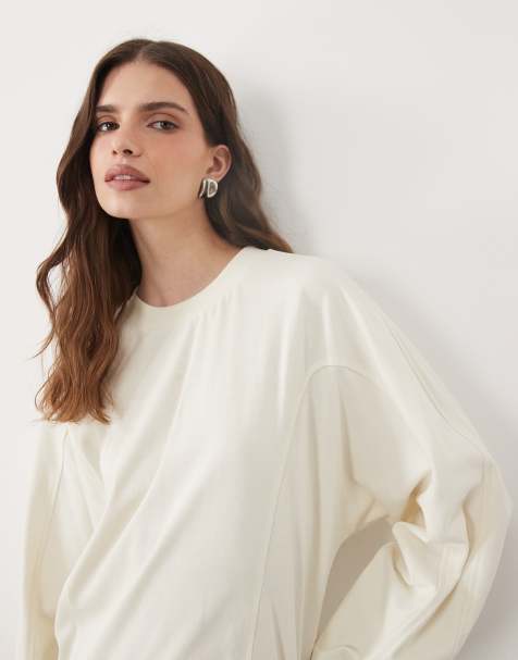 ASOS DESIGN langärmeliges Oberteil mit Nahtdetails und Rundhalsausschnitt in Cremeweiß - view 1